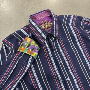 ROBERT GRAHAM Shirt Mens Medium Blue Purple Crazy Striped Long Sleeve Flip Cuff